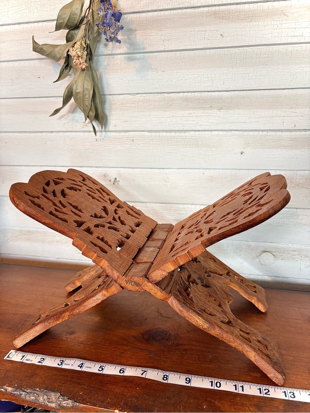 Hand Carved Wooden Folding Book or Tablet Stand - Floral Motif Made in India